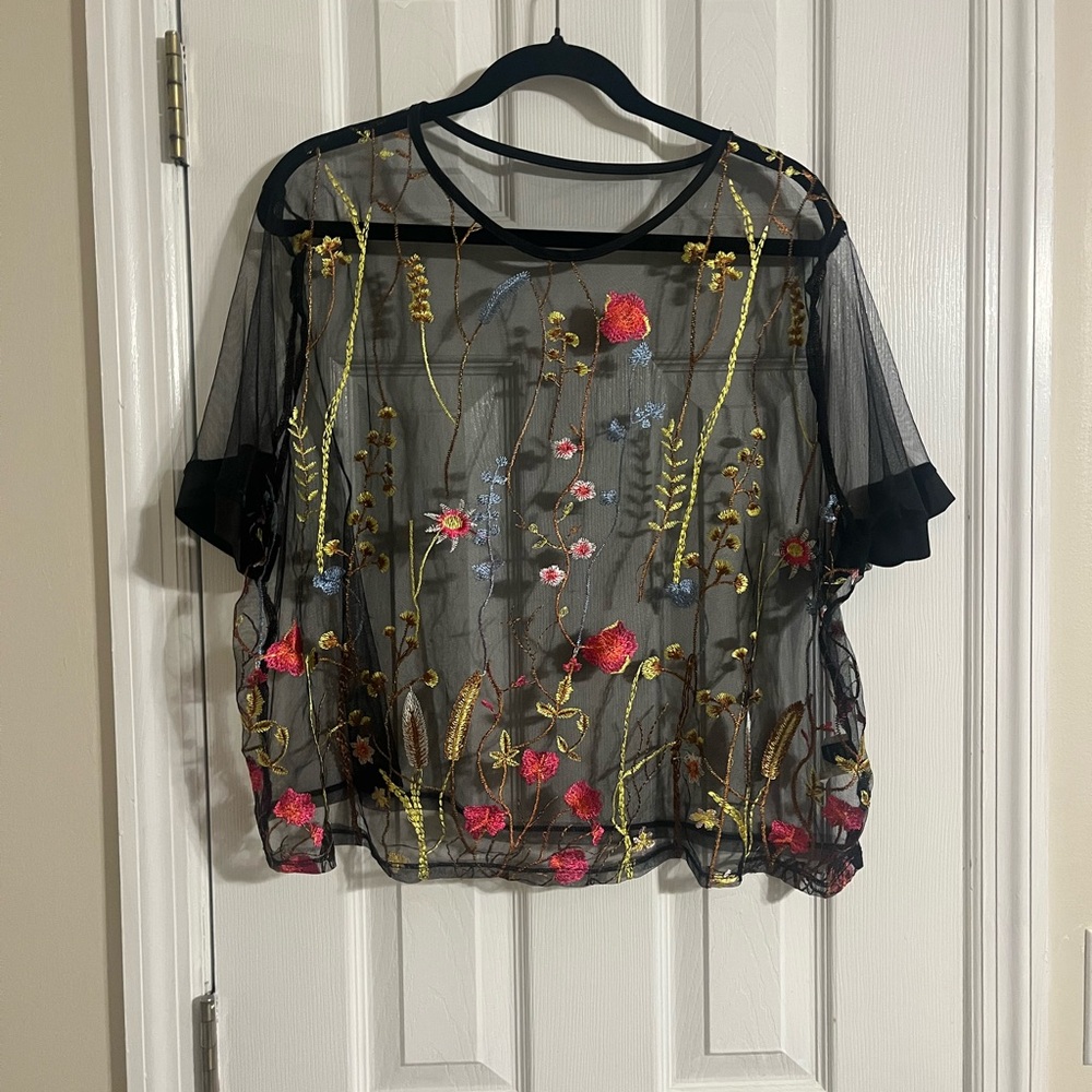 SHEIN Black Sheer Top with Floral Embroidery